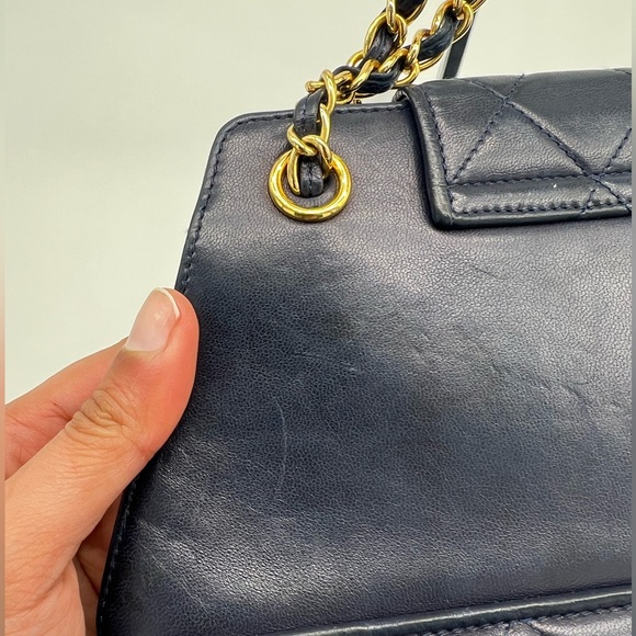 Vintage Chanel Leather Tassel Shoulder Bag- Navy Blue with 24K Gold Plated Chain - Picture 6 of 16